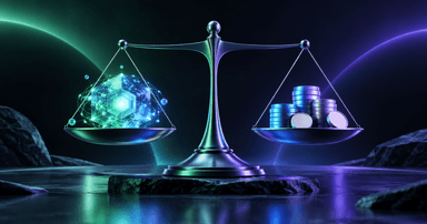 Abstract balance of computational cores and coins, illustrating AI model quality versus cost
